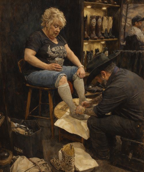 Woman Being Fitted For Custom Cowboy Boots. - Old Country Boots Woman Being Fitted For Custom Cowboy Boots.