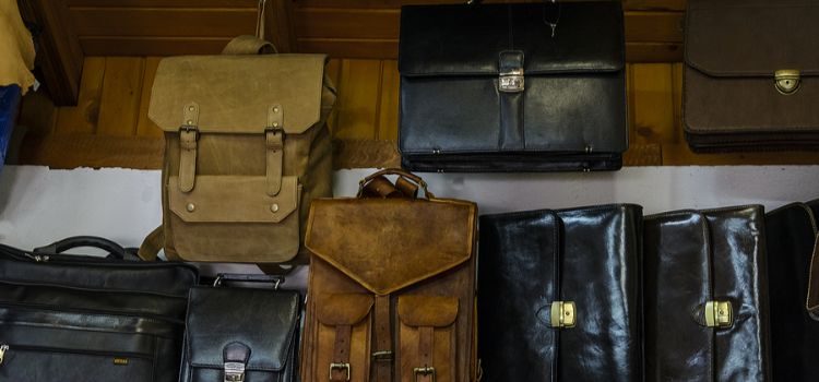 An arrangement of leather handbags